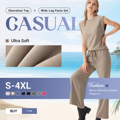 💖 (S-4XL) 2026 Új női alkalmi ujjatlan felső és széles szárú nadrágkészlet