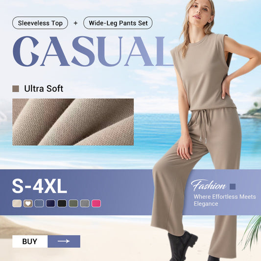 💖 (S-4XL) 2026 Új női alkalmi ujjatlan felső és széles szárú nadrágkészlet