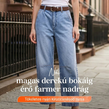 Női magas derekú, rövidített hordó farmernadrág