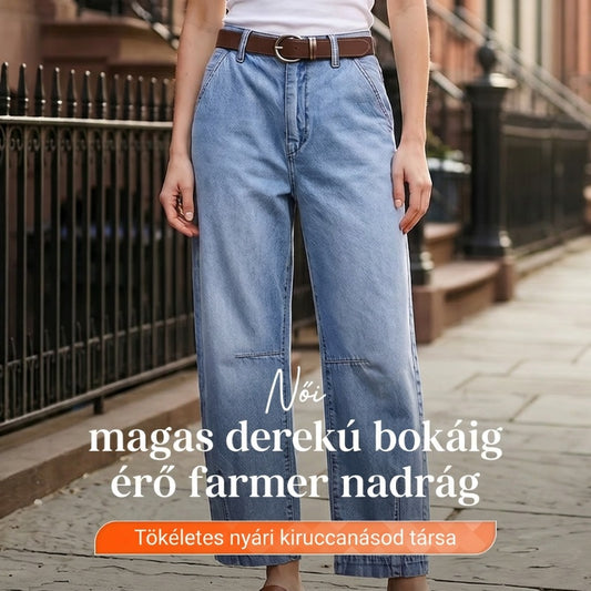 Női magas derekú, rövidített hordó farmernadrág
