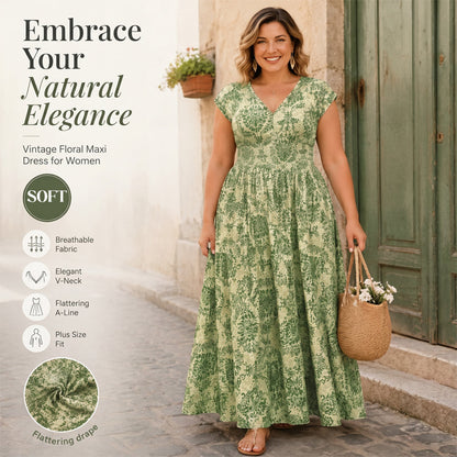 👗 Női V-nyakú, virágmintás, sminkelt maxiruha – Elegáns, bohém, könnyű 🦋