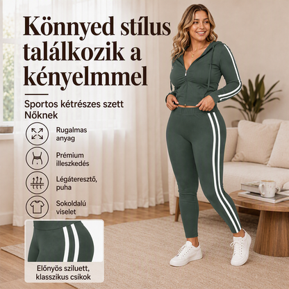 Női csíkos cipzáras kapucnis pulóver és nadrág szett
