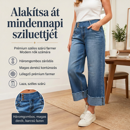 Női széles szárú, rövidített farmernadrág gombbal, magas derekú farmernadrág