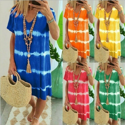 Tie-dye csíkos rövid ujjú laza pólóruha