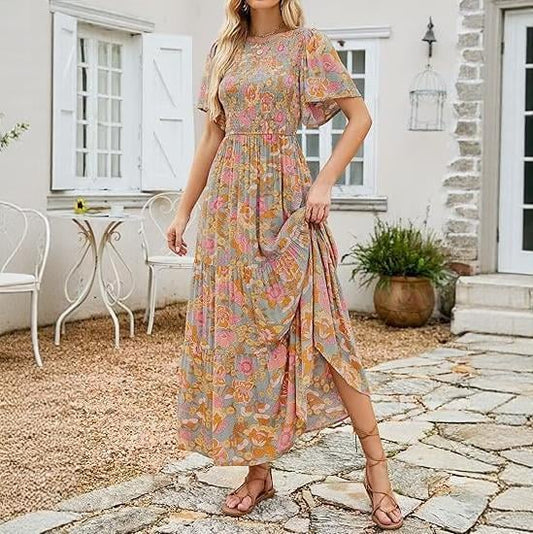 👗Női alkalmi, virágmintás, rövid, lobogó ujjú, smockolt, magas derekú, lebegő maxi ruha