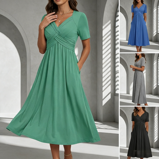【S–3XL】2026-os új modell 👗 Női V-nyakú, rövid ujjú, hosszú szoknya