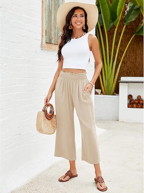 👖 49% OFF💫Női magas derekú, széles szárú lenvászon, gumírozott derékrészű capri nadrág
