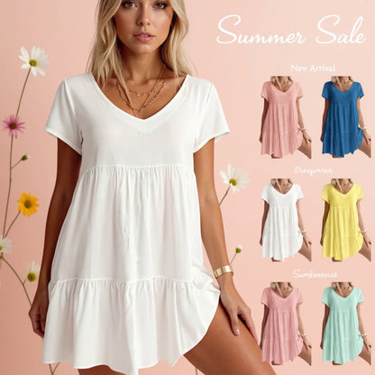 Laza szabású, rövid ujjú ruha szívecskés nyakkivágással