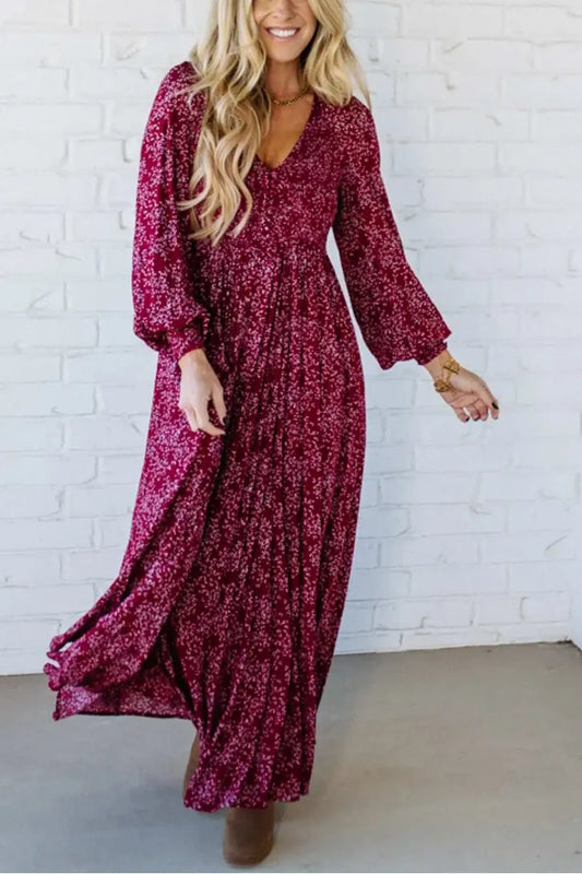 💃Női virágos rayon smocked-waist bélelt maxi ruha