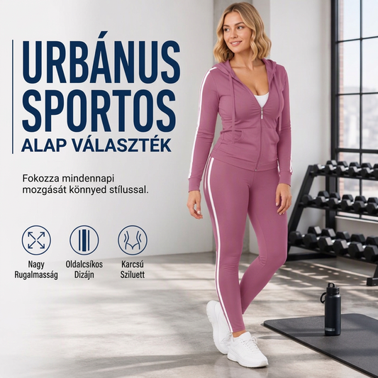 Női csíkos cipzáras kapucnis pulóver és nadrág szett