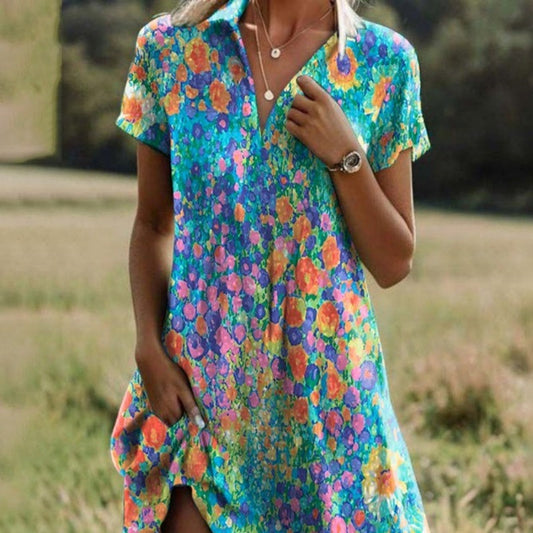 🥰2026 Akció 50% KEDVEZMÉNY🥰Női Stílusos Mintás Hétköznapi V-nyakú Ruha🌸 Kényelmes Nyári Elegancia ☀️