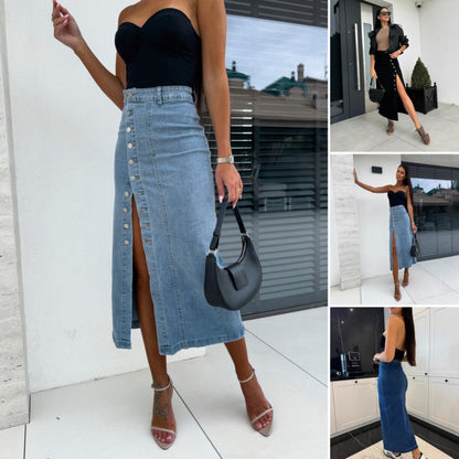 💕Időkorlátozott 49% kedvezmény💕Stílusos gombos záródású, hasított farmer bodycon szoknya