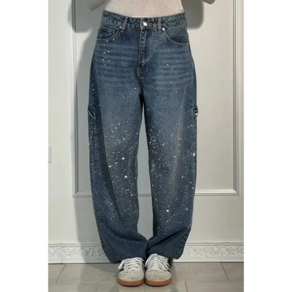 🌸Tavaszi Akciók💐 Női egyenes szabású farmer rhinestone-okkal