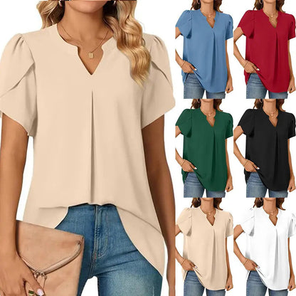 💖👚【M-2XL】Női V-nyakú egyszínű egyszínű rövid ujjú felső