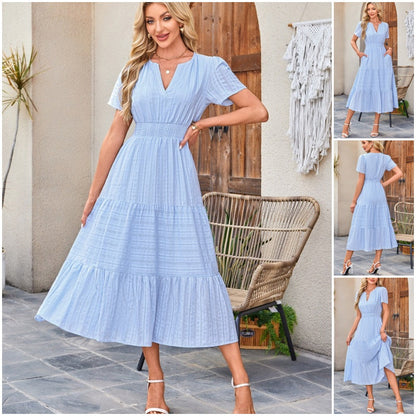 🔥Forró akció 50% kedvezmény👗Női alkalmi nyári rövid ujjú V-nyakú hosszú ruhák