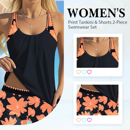 🌊🌴🌞 Női nyomtatott tankini és rövidnadrág 2 részes fürdőruha szett👙