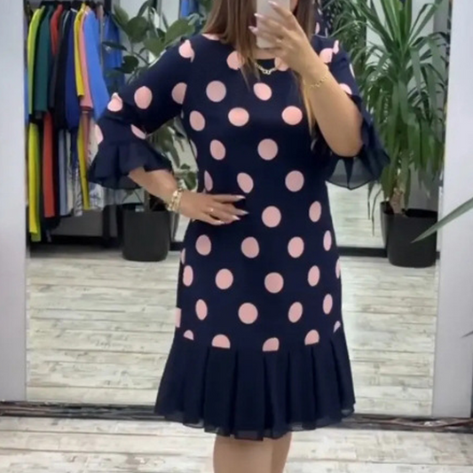 👗✨ Női Pöttyös Ráncolt Foltvarrott Ruha