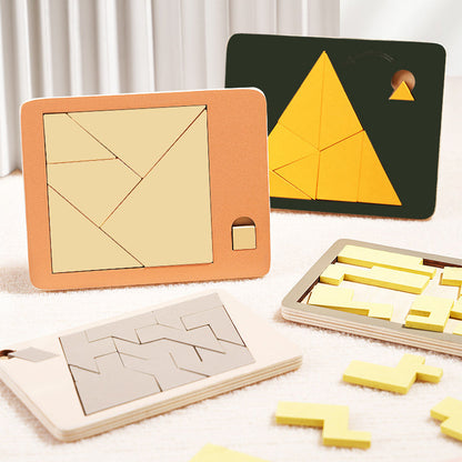 🧠🧩Fa tangram táblás puzzle játék Montessori alakzat puzzle válogató játék Színes tangram oktatási mintás játék gyerekeknek