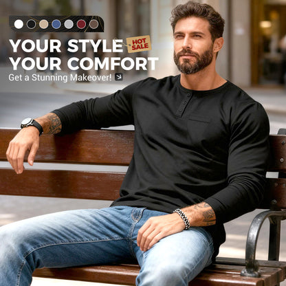 ⭐😎 Férfi slim fit Henley hosszú ujjú póló