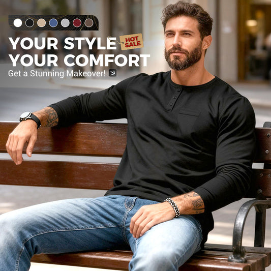 ⭐😎 Férfi slim fit Henley hosszú ujjú póló