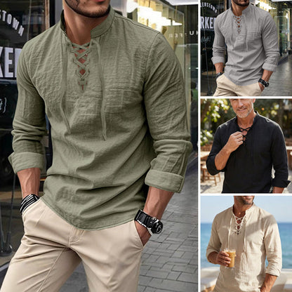 Men's Casual Solid Color Shirt – Lace-Up Neck, Modern Stand Collar & Breathable Cotton ✨