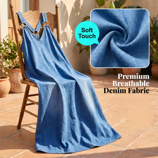 🌊 MOST 50% KEDVEZMÉNY! 👗 Laza szabású, V-nyakú farmer maxi ruha – francia elegancia és légáteresztő kényelem ✨
