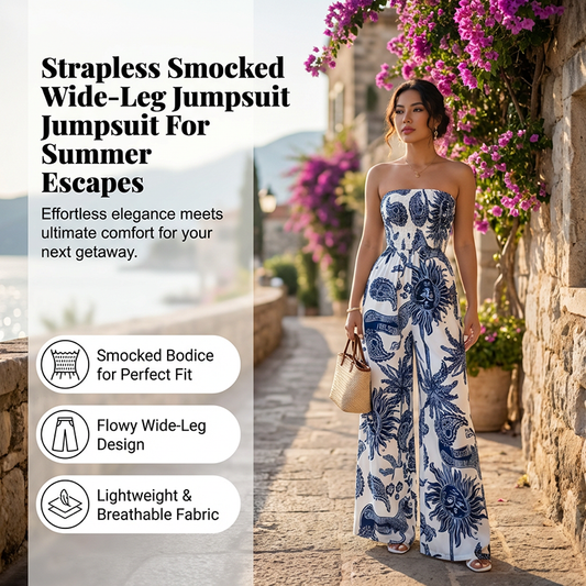 Vállpánt nélküli, smockolt, széles szárú jumpsuit
