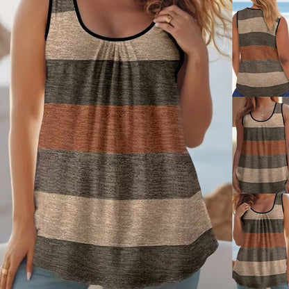 💥Női színblokk csíkos tank top ráncolt nyakú ujjatlan felsők