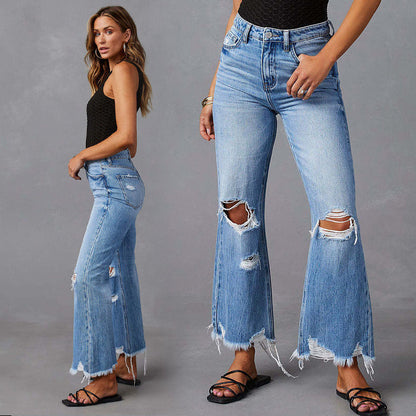 👖 IDŐSZAKOS AKCIÓ: 50% KEDVEZMÉNY! 🔥 Magas derekú, szakadt trapéz farmer – Crop, stretch és vintage stílus ✨