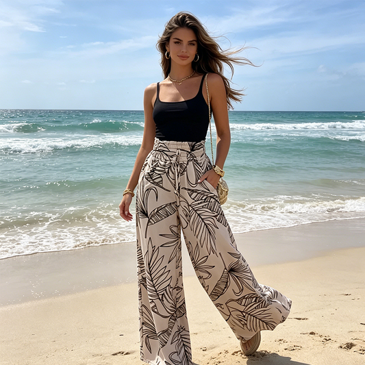 🔥Hot Sale Offers-Women's Elastic High-Waist Leaf Print Wide-Leg Pants