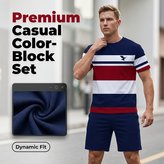 Men's Casual Color-Block T-Shirt and Shorts Set