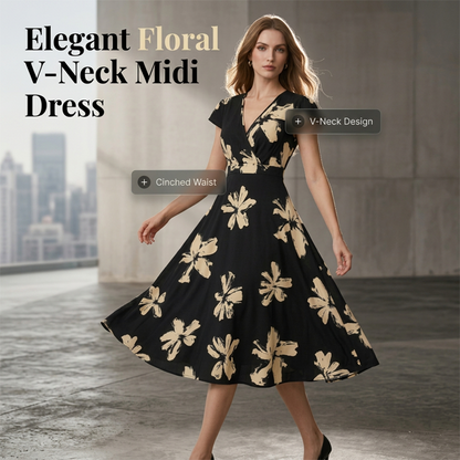 👗Női alkalmi nyomott V-nyakú fodros ruha🌺