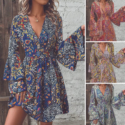 Women's Elegant Paisley Print V-Neck Flared Sleeve Dress