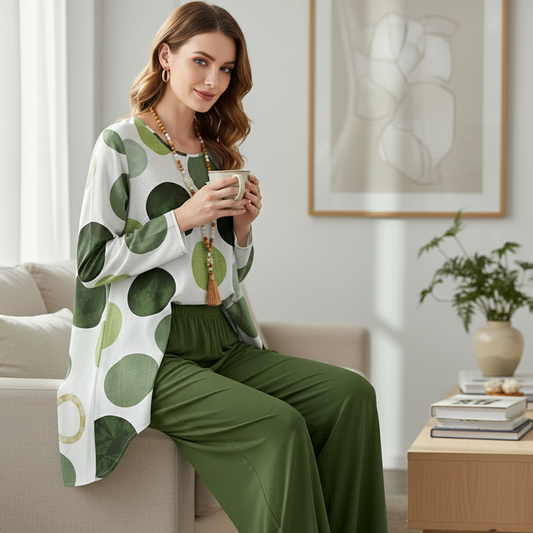 Modern Print Long Sleeve Blouse and Trousers Outfit