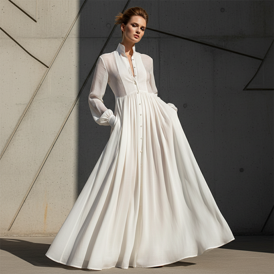 👗 40% OFF! ✨ Elegant Pleated White High-Neck Maxi Dress