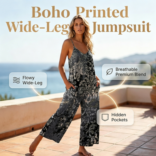 Női nyomott mintás, spagettipántos, széles szárú jumpsuit