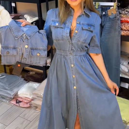Női kék, slim fit, galléros, gombos farmer ruha