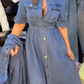 Női kék, slim fit, galléros, gombos farmer ruha