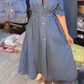 Női kék, slim fit, galléros, gombos farmer ruha