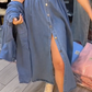 Női kék, slim fit, galléros, gombos farmer ruha