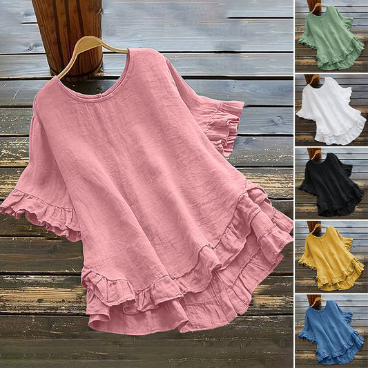 👚🍃 Női fodros blúz – Pamut-len keverék, kerek nyakkivágás & bő szabás