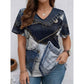 Women‘s Chic Denim Print V-Neck Tee