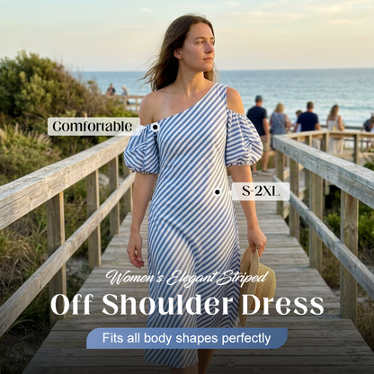👗 Női csíkos, vállakat szabadon hagyó ruha – elegáns, lebegő, nyári divat 🌊