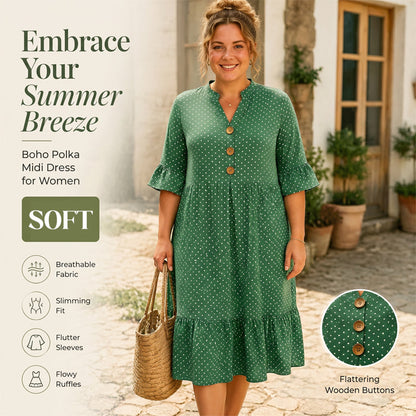 👗Női nyári pöttyös ruha fodros ujjakkal – Könnyedén elegáns és előnyös ✨