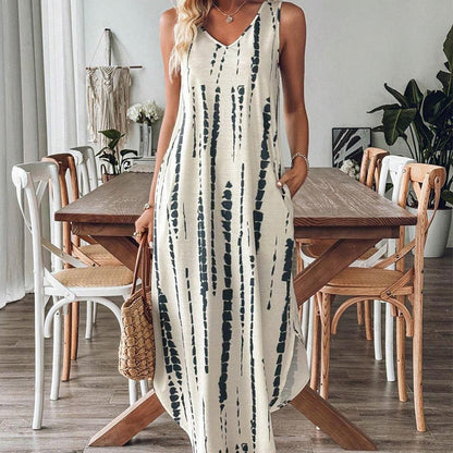 Női elegáns ujjatlan V-nyakú maxi ruha