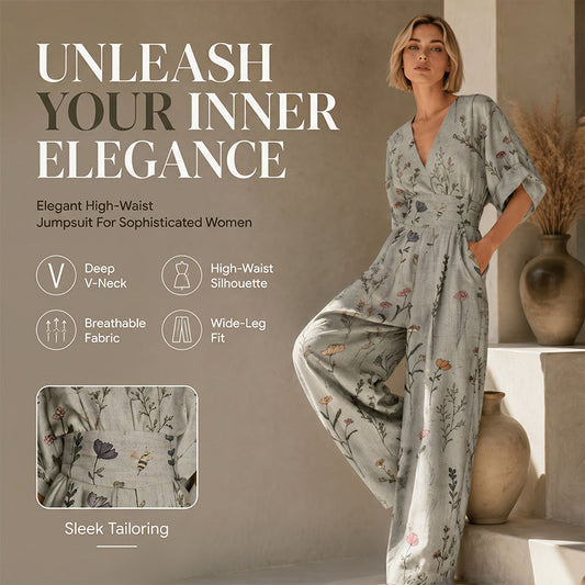 Női elegáns V-nyakú nyomott jumpsuit