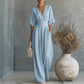 Női V-nyakú, magas derekú, széles szárú jumpsuit