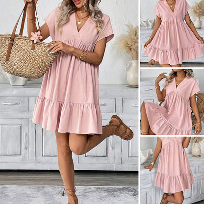 V-Neck Loose-Fit Casual Dress with Ruffle Hem