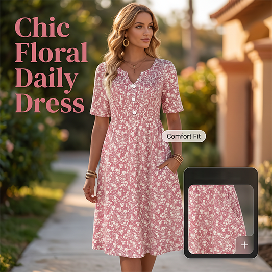 Női alkalmi V-nyakú nyomott ruha zsebekkel💐👗