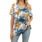 Women's V Neck Printed T-Shirt Casual Short Sleeve Pleated Top